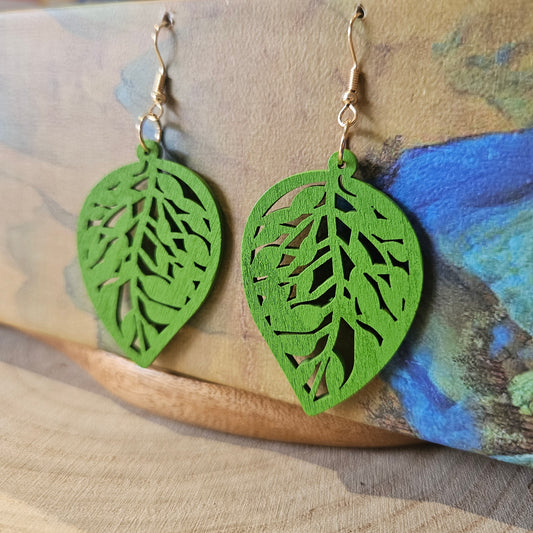 Wooden Leaf Shaped Earrings Bold Green