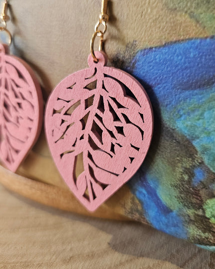 Wooden Leaf Shaped Earrings Pink
