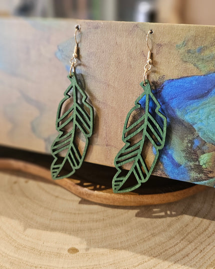 Wooden Leaf Shaped Earrings Green