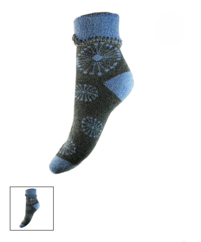 Wool Blend * Grey & Blue Flower Cuff Socks