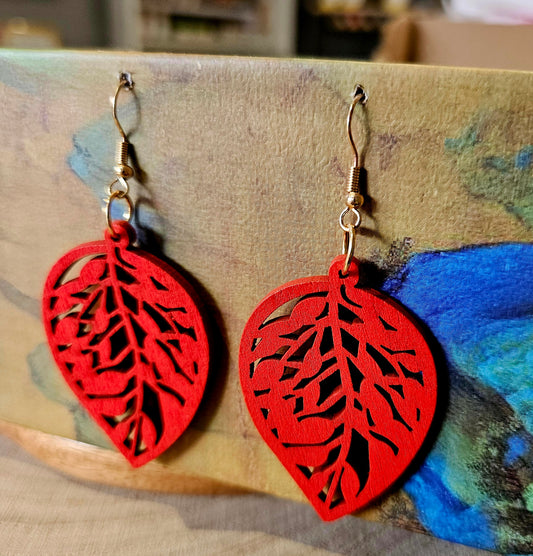 Wooden Drop Earrings Red Leaf