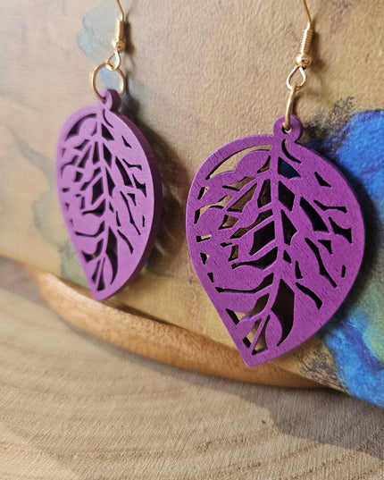 Wooden Leaf Shaped Earrings Purple
