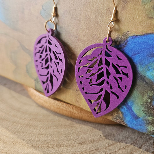 Wooden Leaf Shaped Earrings Purple