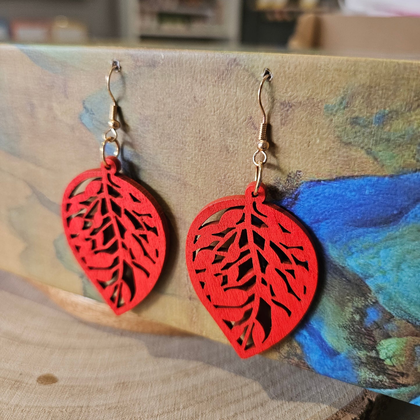 Wooden Drop Earrings Red Leaf