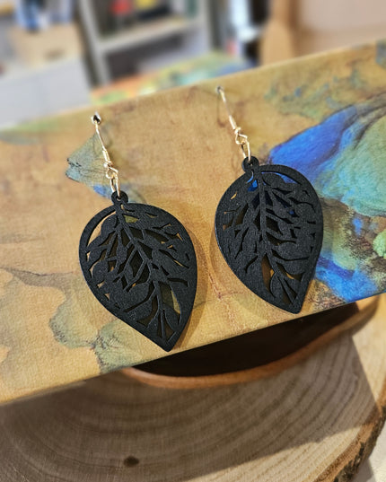 Wooden Drop Leaf Earrings Black