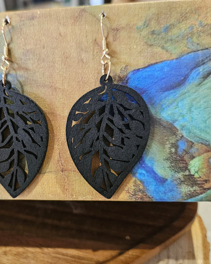 Wooden Drop Leaf Earrings Black