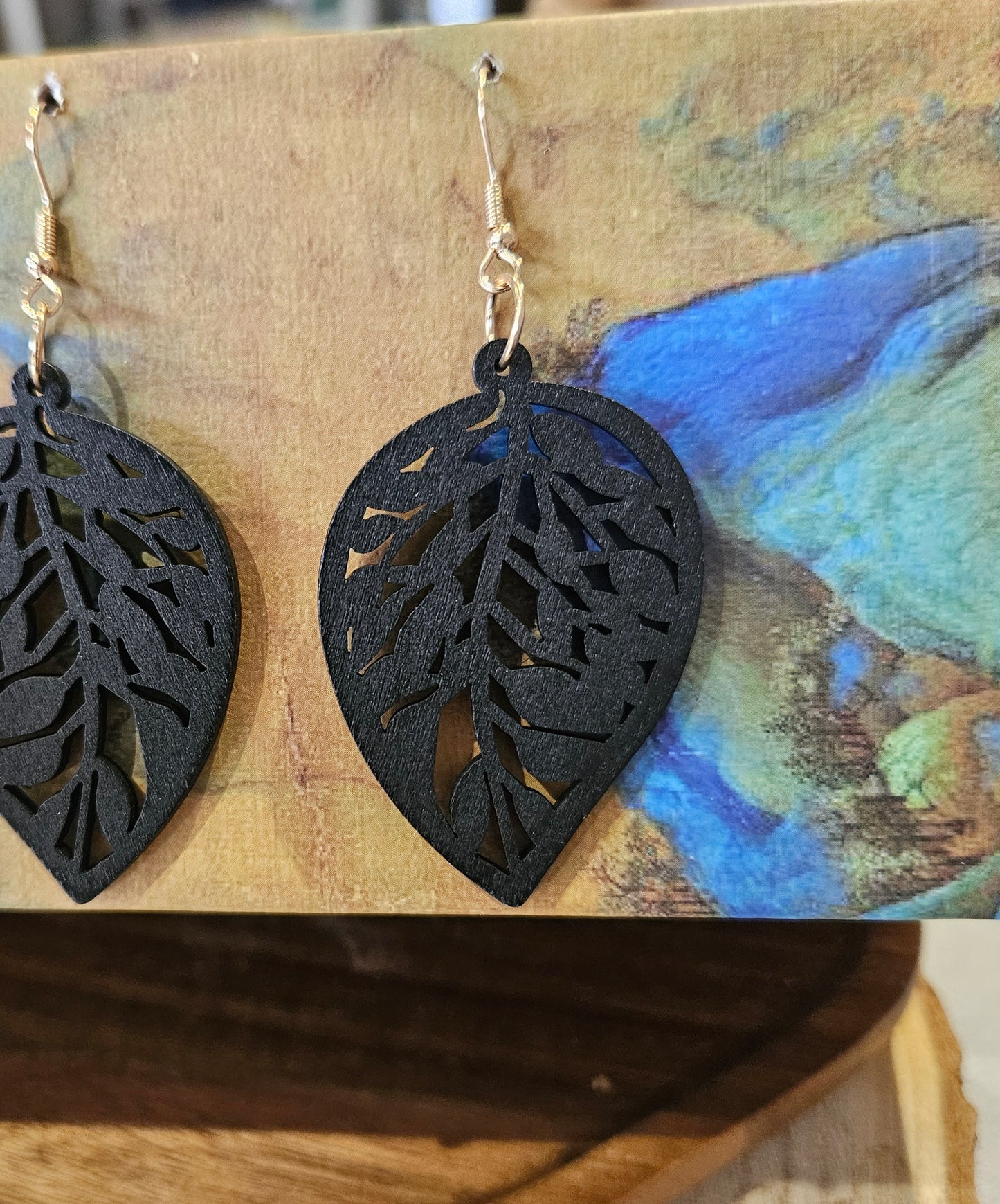 Wooden Drop Leaf Earrings Black