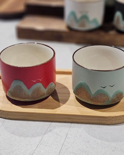 Ceramic Mountain Espresso Cups Red & Pale Green
